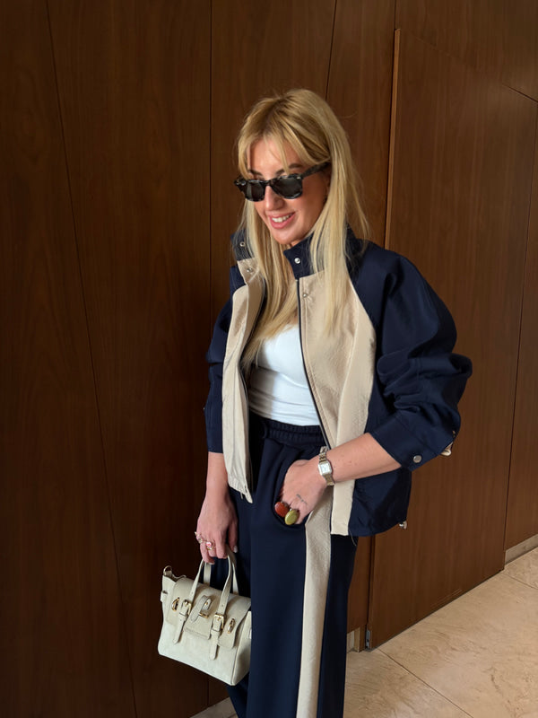 Navy Blue Beige Contrast Tracksuit Set