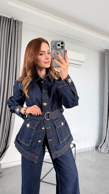Gold Buttoned Belted Suit
