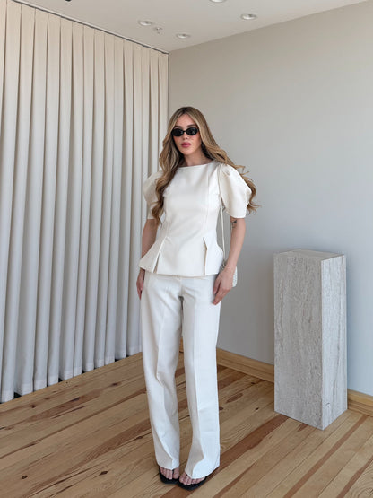Beige Mateo Balloon Sleeve Blouse and Pants Set
