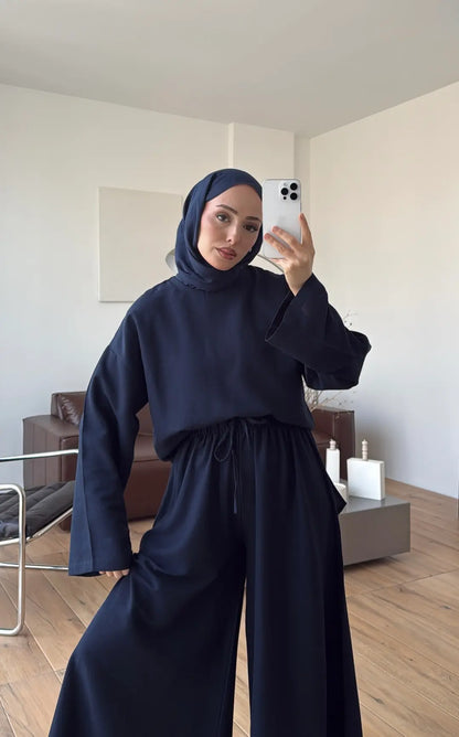 Linen Wide-Leg Blouse Set - navy blue