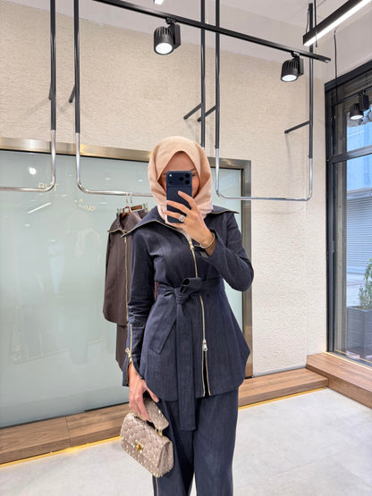 Full-zip denim shirt with side-zip straight-leg trousers co-ord set - navy blue