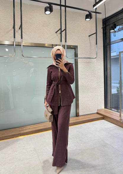 Full-zip denim shirt with side-zip straight-leg trousers co-ord set -burgundy
