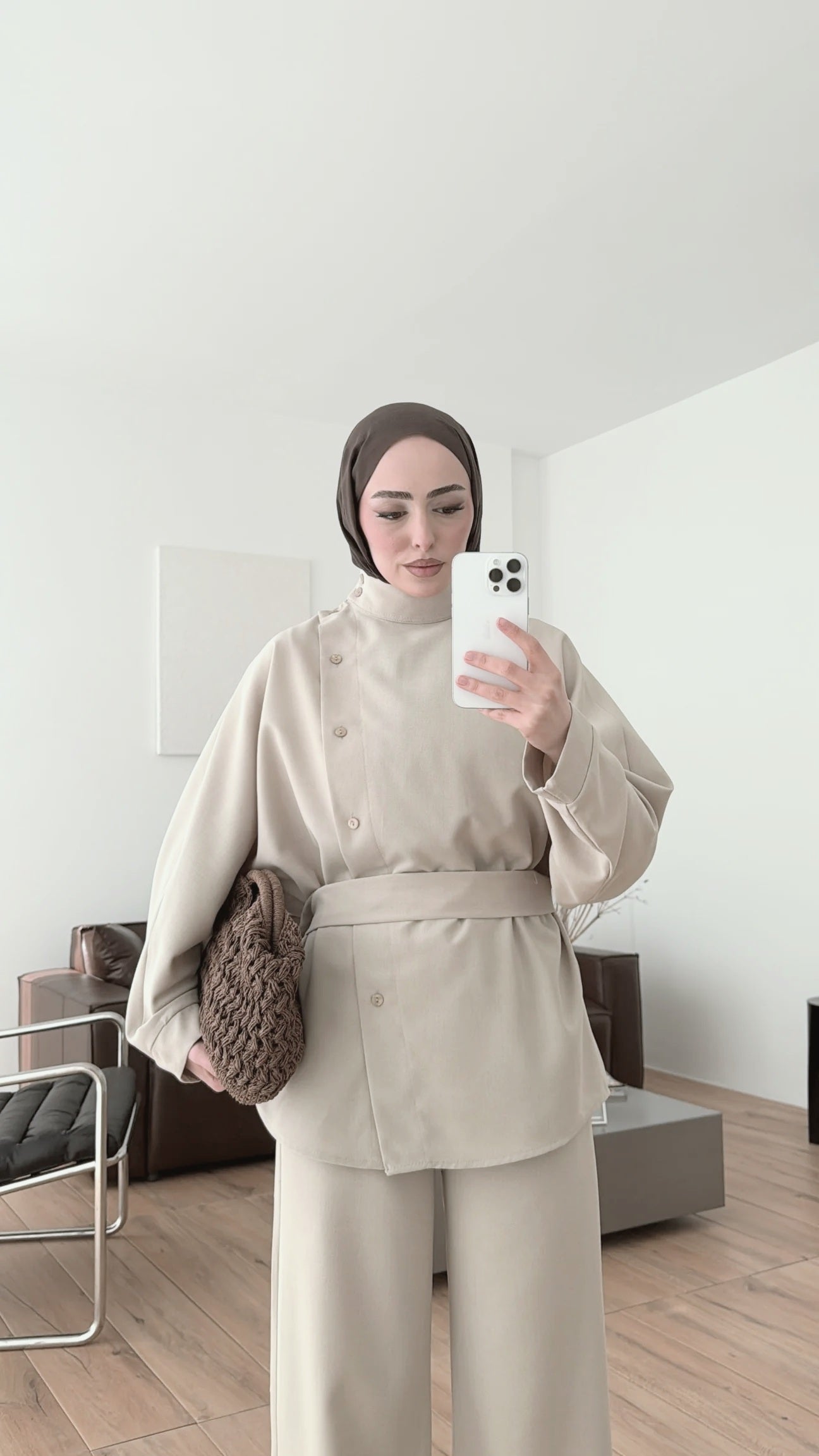 Belted side buttons shirt ,waistband straight leg trouser co-ord set-beige