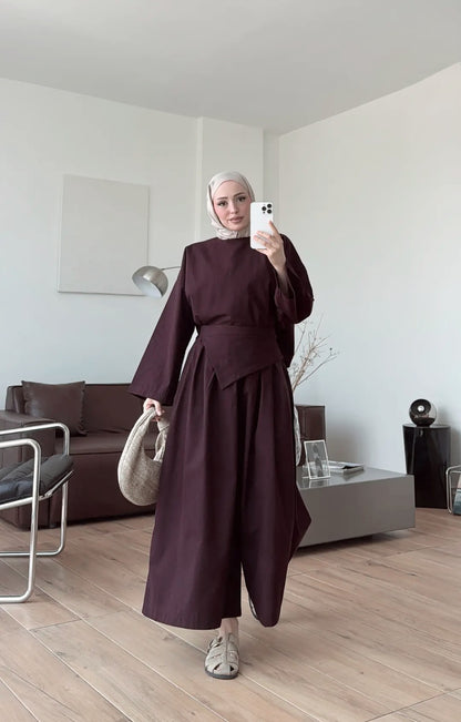 Wide sleeve blouse, Wide-leg trouser with Asymmetric attached Linen Suit