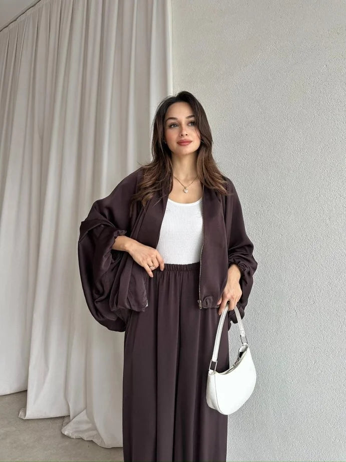 oversized satin bomber, waistband balloon leg trouser with strap co-ord set