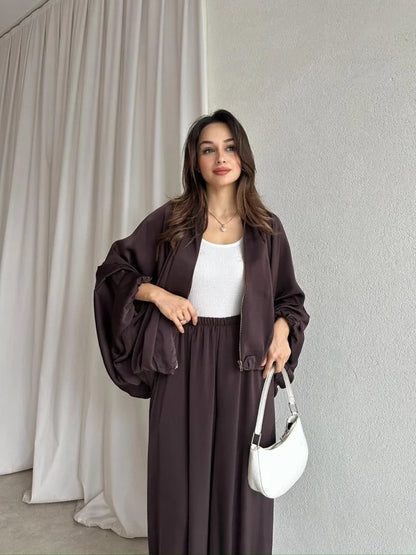 oversized satin bomber, waistband balloon leg trouser with strap co-ord set