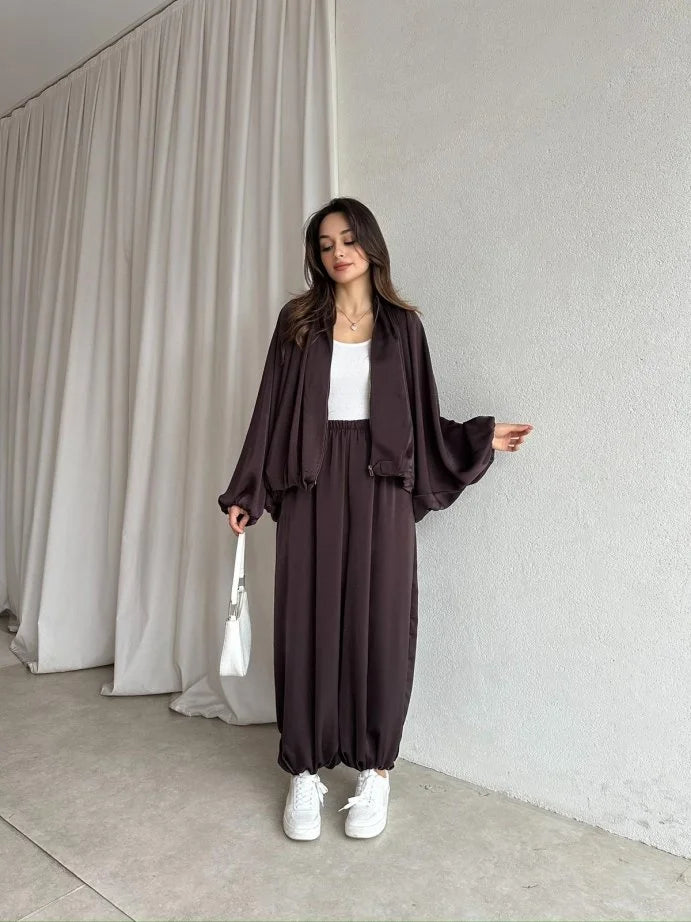 oversized satin bomber, waistband balloon leg trouser with strap co-ord set