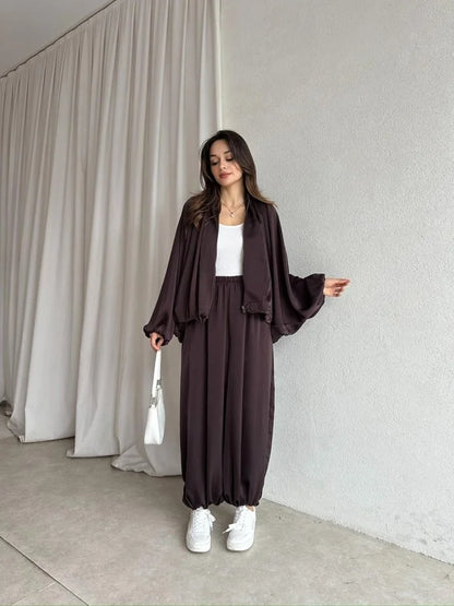 oversized satin bomber, waistband balloon leg trouser with strap co-ord set