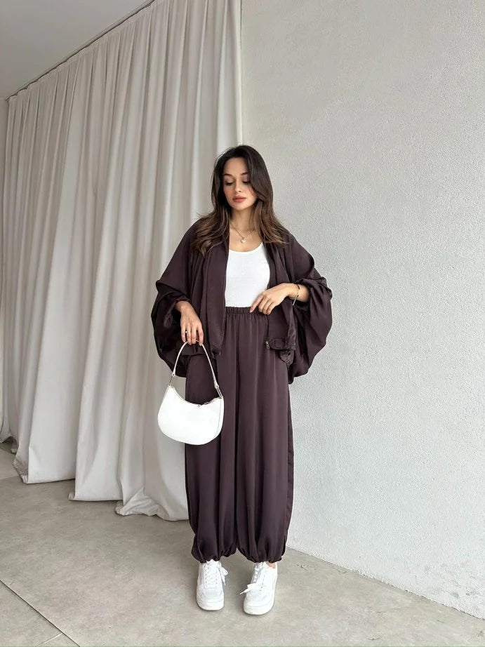 oversized satin bomber, waistband balloon leg trouser with strap co-ord set