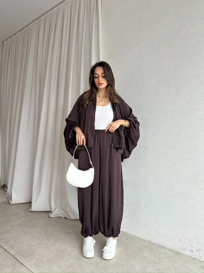oversized satin bomber, waistband balloon leg trouser with strap co-ord set