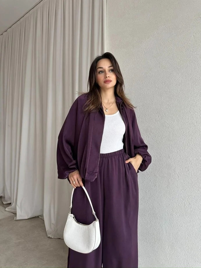 oversized satım bomber, waistband balloon leg trouser with strap co-ord set