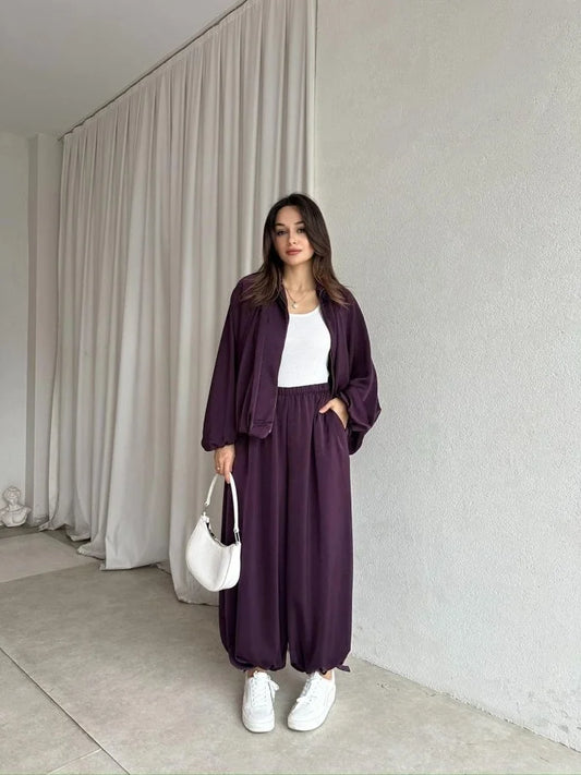 oversized satım bomber, waistband balloon leg trouser with strap co-ord set