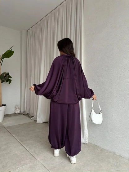 oversized satım bomber, waistband balloon leg trouser with strap co-ord set