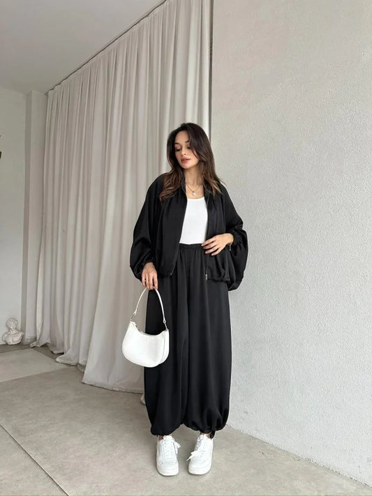 oversized satin bomber, waistband balloon leg trouser with strap co-ord set