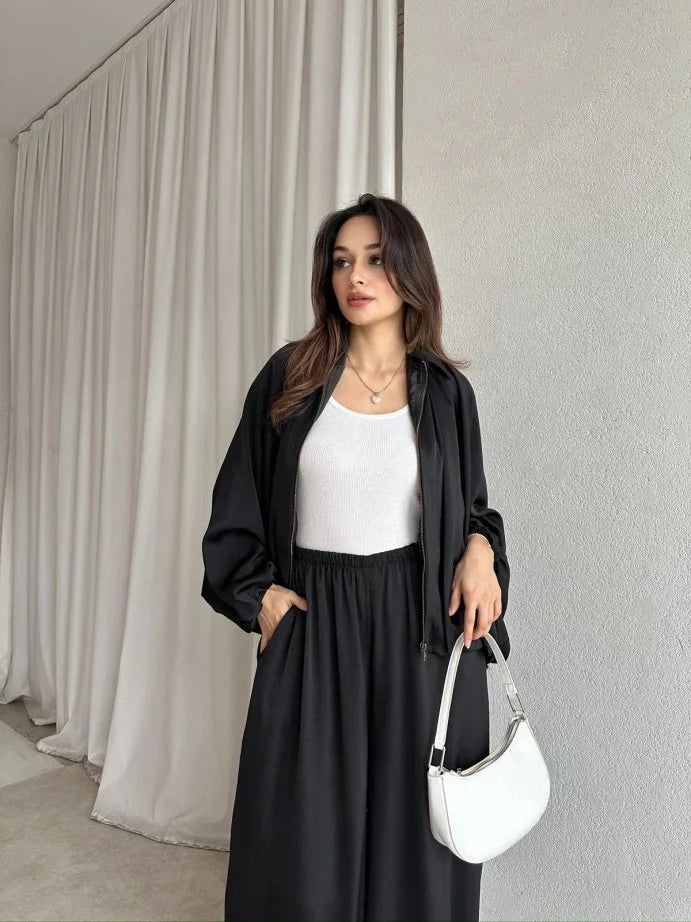 oversized satin bomber, waistband balloon leg trouser with strap co-ord set