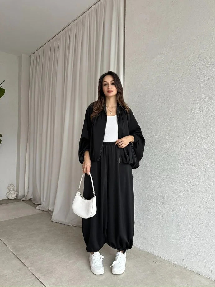 oversized satin bomber, waistband balloon leg trouser with strap co-ord set