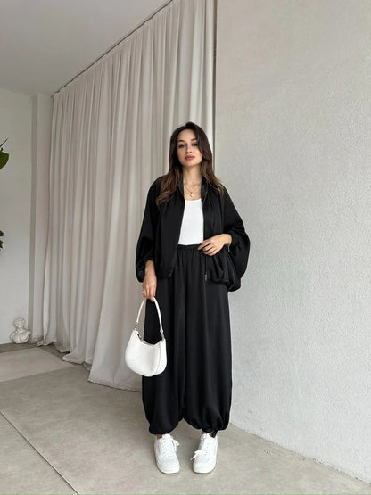 oversized satin bomber, waistband balloon leg trouser with strap co-ord set