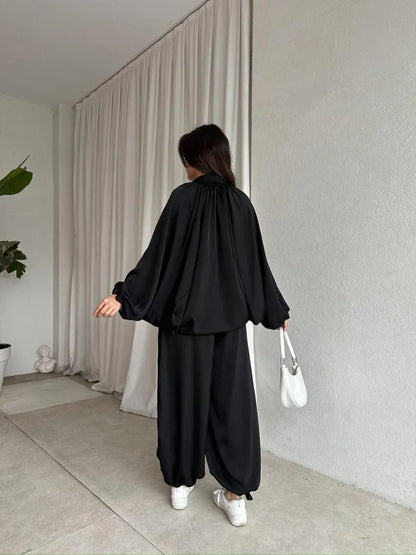 oversized satin bomber, waistband balloon leg trouser with strap co-ord set