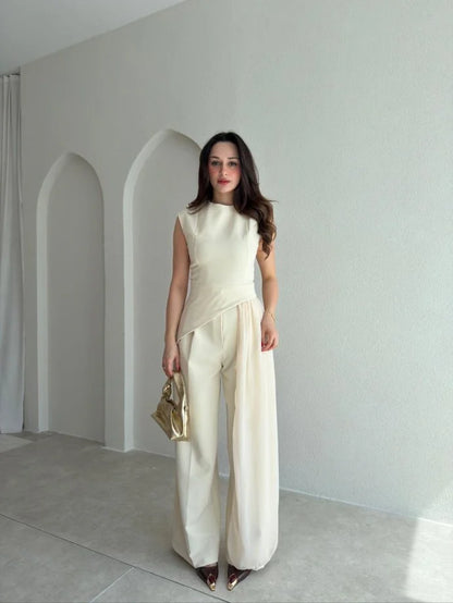 Tulle Detail, Asymmetrical Cut, beige Set