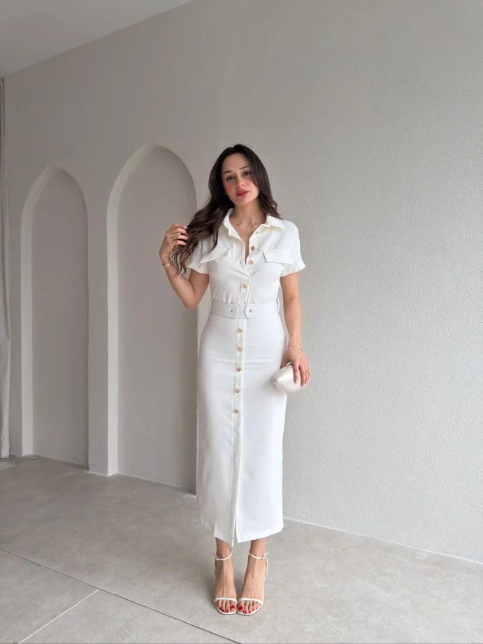Gold button lap-neck belted midi dress
