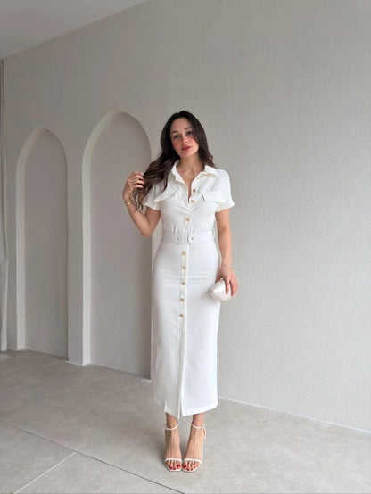 Gold button lap-neck belted midi dress