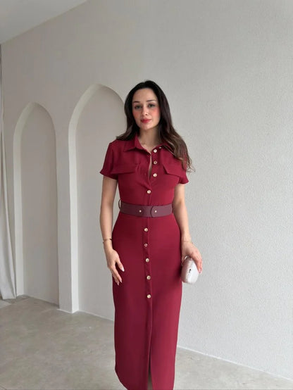 Gold button lap-neck belted midi dress