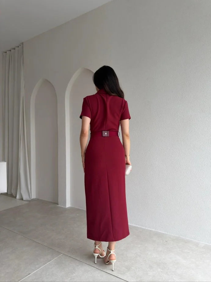 Gold button lap-neck belted midi dress