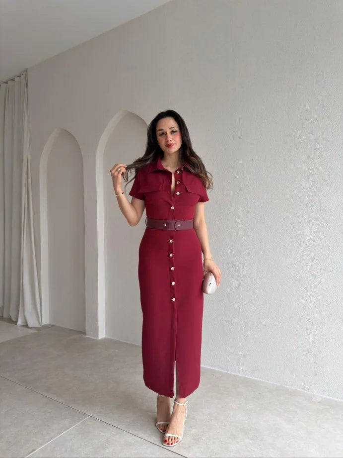 Gold button lap-neck belted midi dress