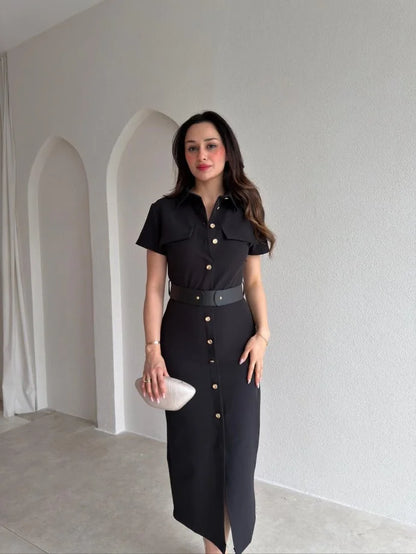 Gold button lap-neck belted midi dress