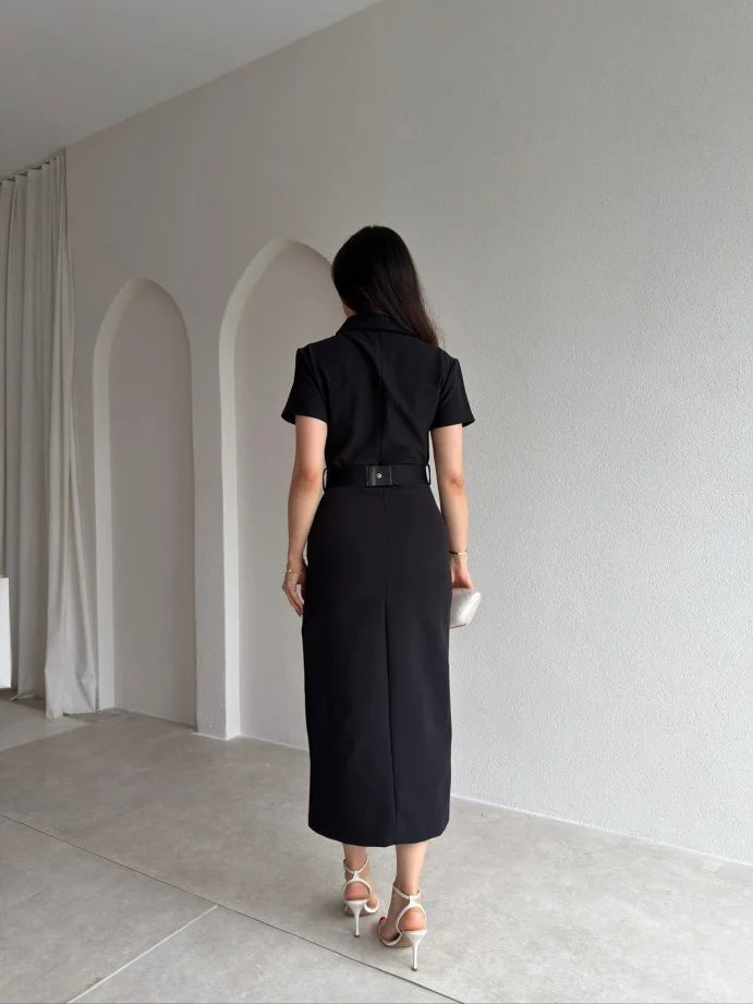 Gold button lap-neck belted midi dress