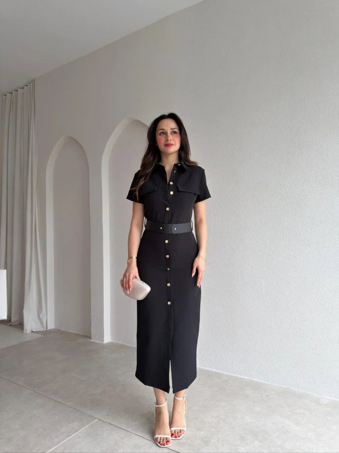 Gold button lap-neck belted midi dress