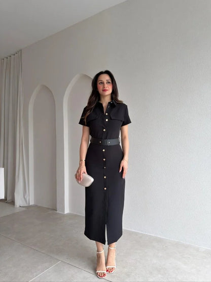 Gold button lap-neck belted midi dress
