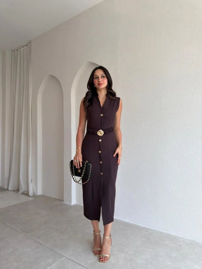 Gold buttons Belted dress