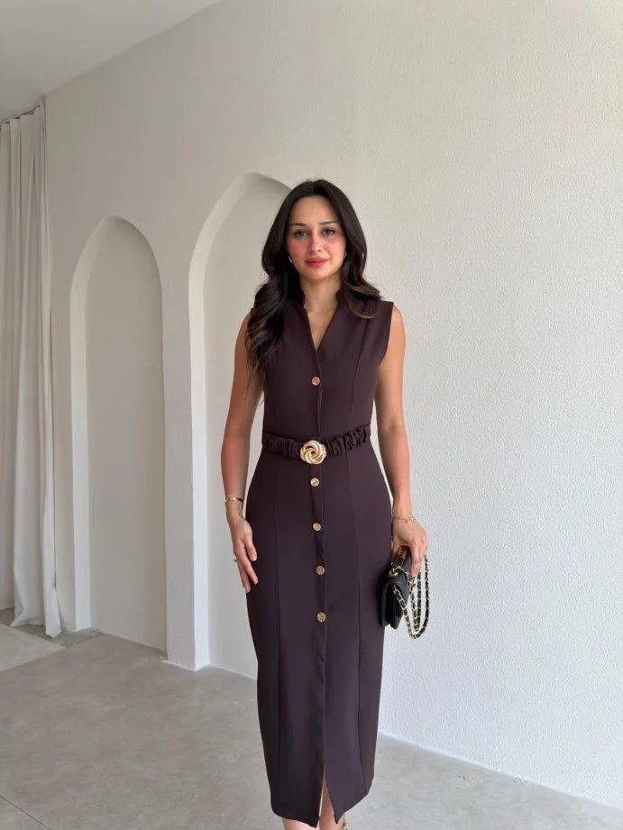 Gold buttons Belted dress