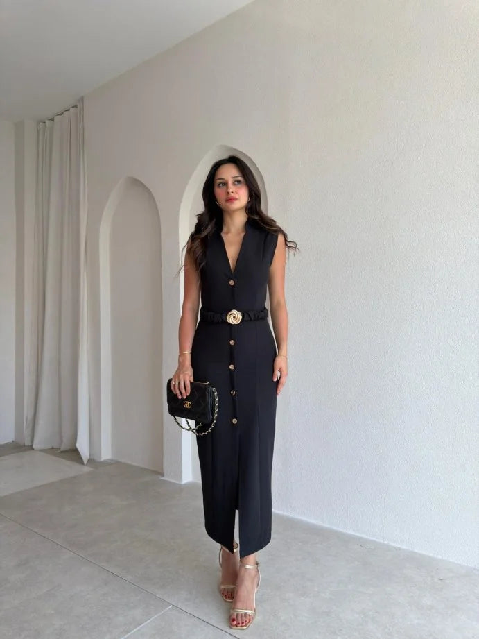 Gold buttons Belted dress