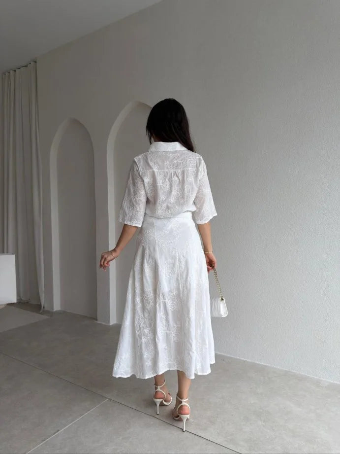 White Textured Shirt & Midi Skirt Set