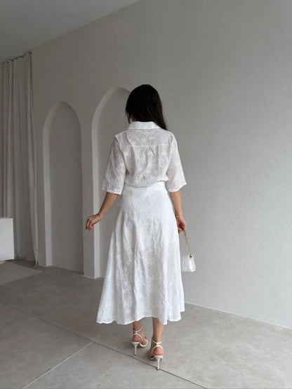 White Textured Shirt & Midi Skirt Set