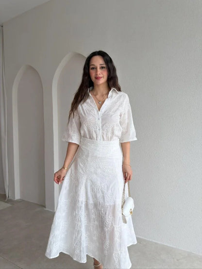 White Textured Shirt & Midi Skirt Set