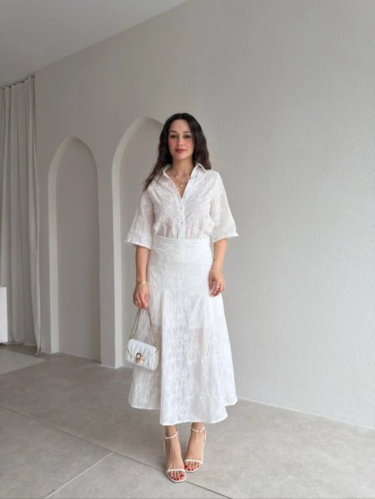 White Textured Shirt & Midi Skirt Set