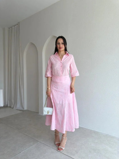 Blush Pink Textured Shirt & Midi Skirt Set