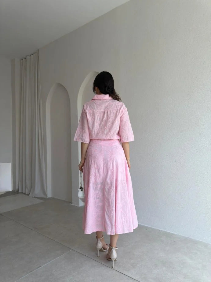 Blush Pink Textured Shirt & Midi Skirt Set