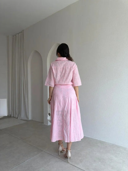 Blush Pink Textured Shirt & Midi Skirt Set