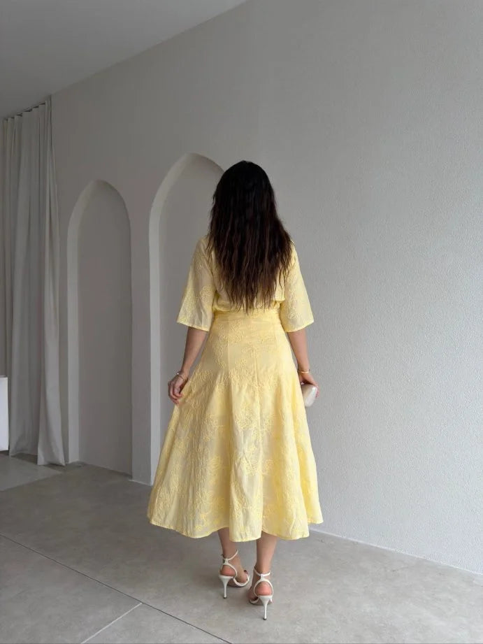 Yellow Textured Shirt & Midi Skirt Set