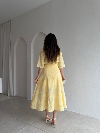 Yellow Textured Shirt & Midi Skirt Set