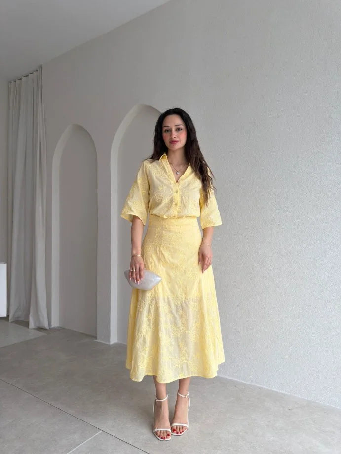 Yellow Textured Shirt & Midi Skirt Set