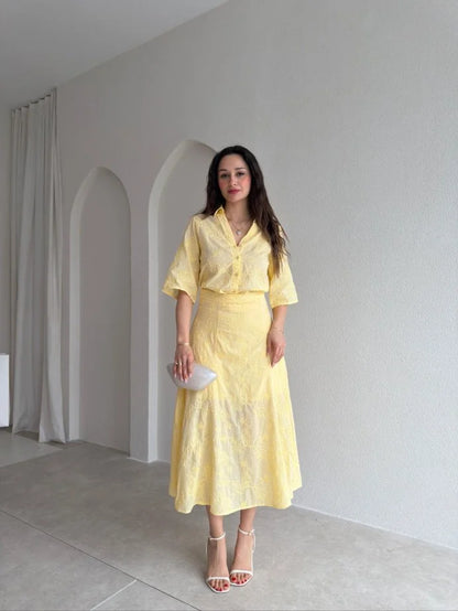 Yellow Textured Shirt & Midi Skirt Set