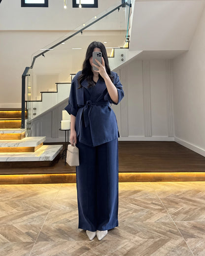 WRAP-NECK TWO-PIECE SET WITH WAIST TIE