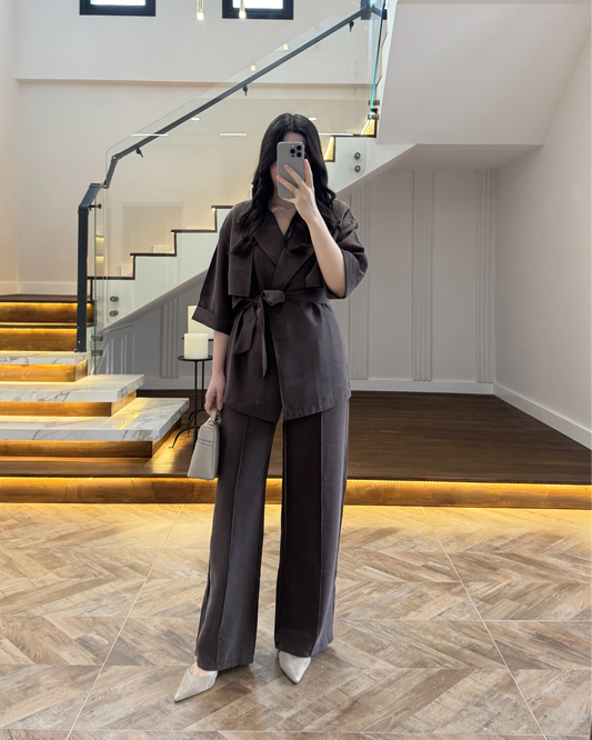 WRAP-NECK TWO-PIECE SET WITH WAIST TIE