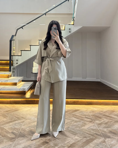 WRAP-NECK TWO-PIECE SET WITH WAIST TIE