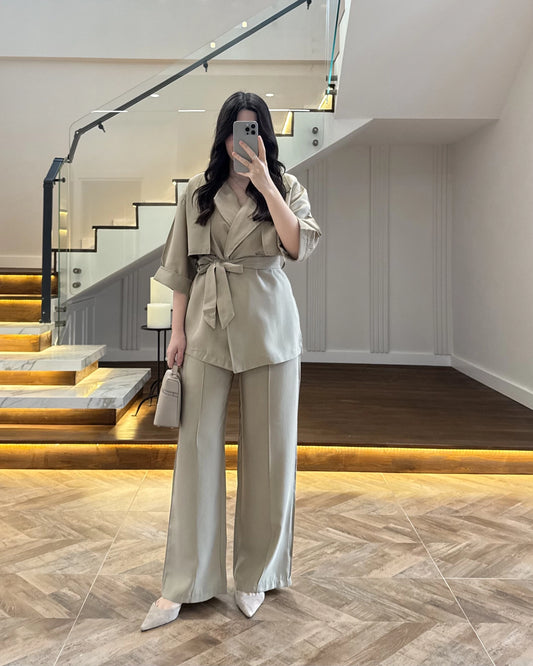 WRAP-NECK TWO-PIECE SET WITH WAIST TIE